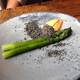 New season asparagus with onion ash