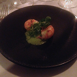 Scottish langoustine with fresh peas, pea puree and bacon