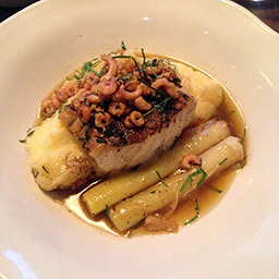 Roast cod with char-grilled leeks, brown shrimp butter